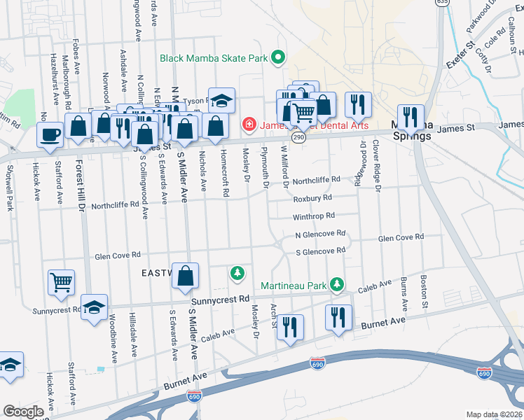 map of restaurants, bars, coffee shops, grocery stores, and more near 213 Plymouth Drive in Syracuse