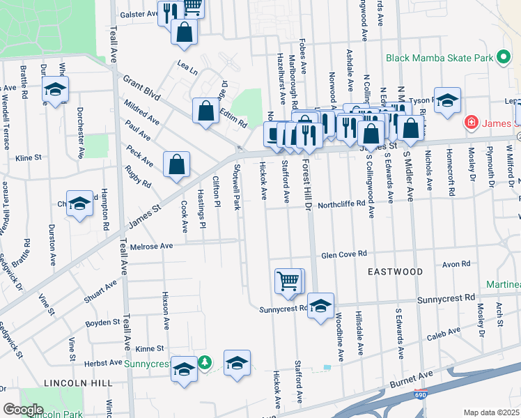 map of restaurants, bars, coffee shops, grocery stores, and more near 162 Hickok Avenue in Syracuse
