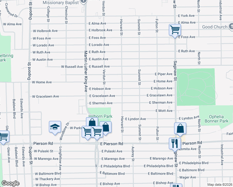 map of restaurants, bars, coffee shops, grocery stores, and more near 257 East Hobson Avenue in Flint