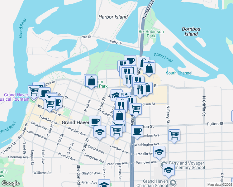 map of restaurants, bars, coffee shops, grocery stores, and more near 526 Jackson Street in Grand Haven