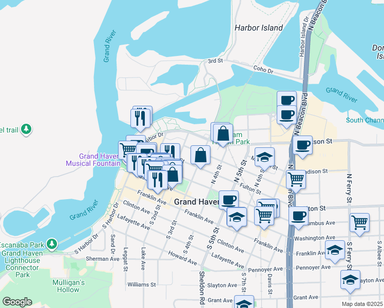 map of restaurants, bars, coffee shops, grocery stores, and more near 207 Elliott Avenue in Grand Haven