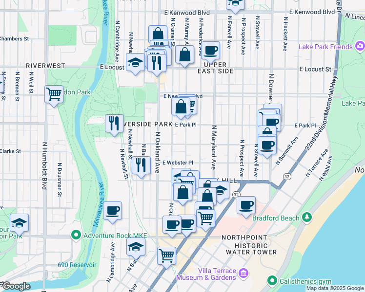 map of restaurants, bars, coffee shops, grocery stores, and more near 1904 East Belleview Place in Milwaukee