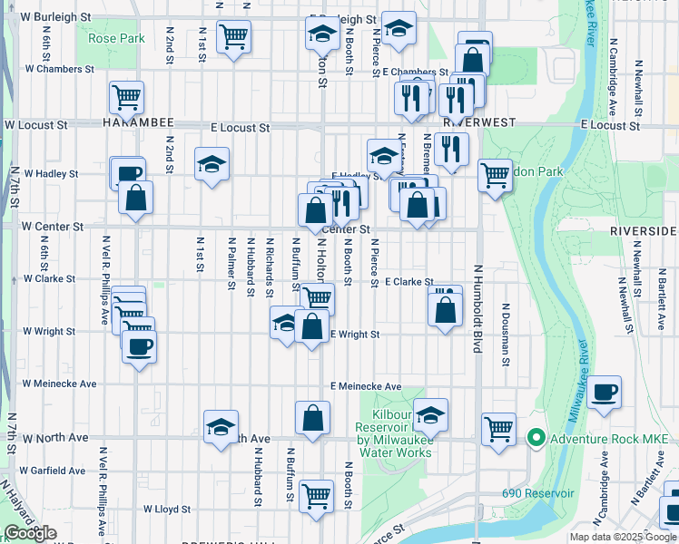 map of restaurants, bars, coffee shops, grocery stores, and more near 2631 North Booth Street in Milwaukee