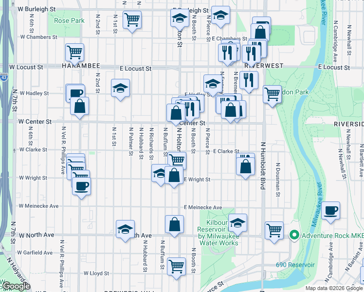 map of restaurants, bars, coffee shops, grocery stores, and more near 2631 North Booth Street in Milwaukee