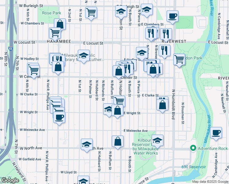 map of restaurants, bars, coffee shops, grocery stores, and more near 2630 North Buffum Street in Milwaukee