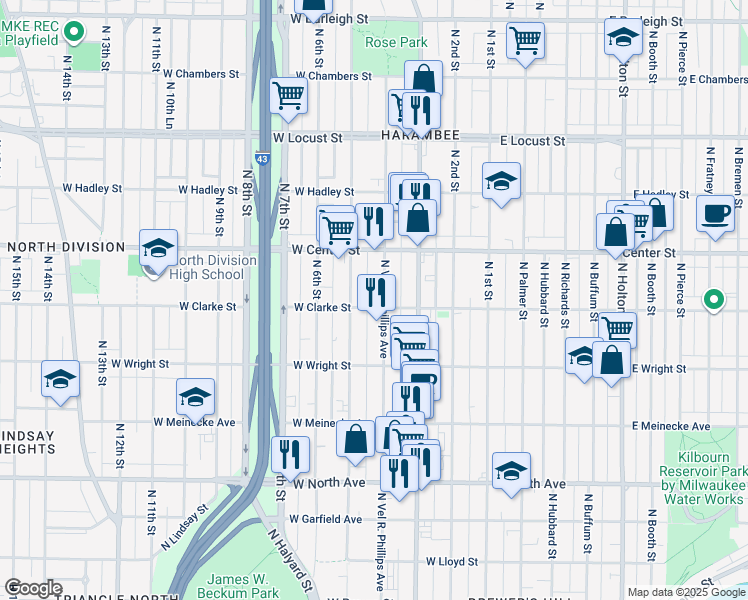 map of restaurants, bars, coffee shops, grocery stores, and more near 2632 North 5th Street in Milwaukee