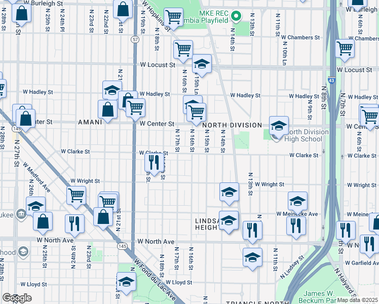 map of restaurants, bars, coffee shops, grocery stores, and more near 2627 North 16th Street in Milwaukee
