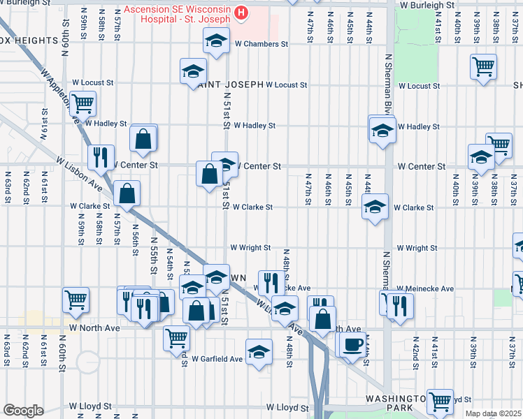 map of restaurants, bars, coffee shops, grocery stores, and more near in Wauwatosa