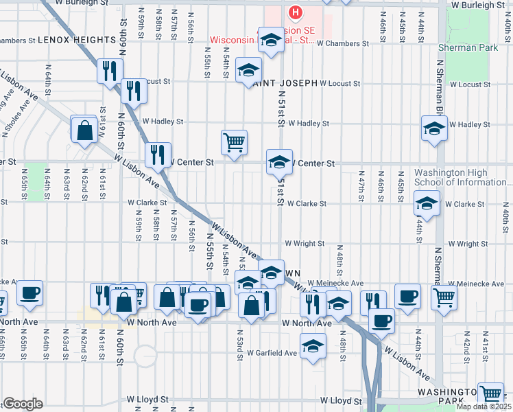 map of restaurants, bars, coffee shops, grocery stores, and more near 2614 North 53rd Street in Milwaukee