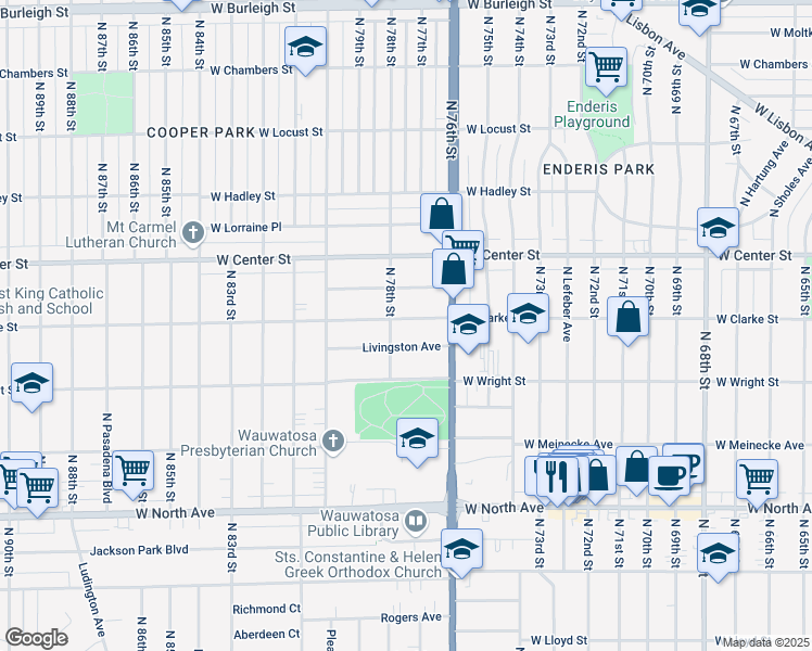 map of restaurants, bars, coffee shops, grocery stores, and more near 7724 West Clarke Street in Wauwatosa