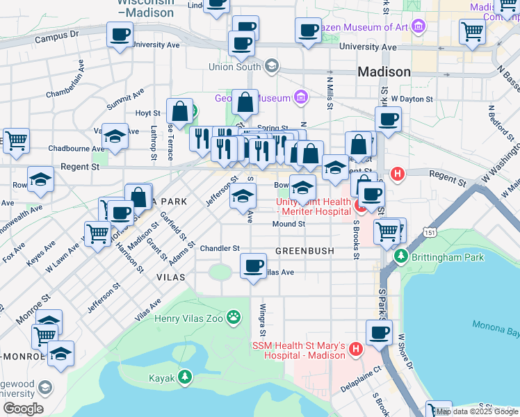 map of restaurants, bars, coffee shops, grocery stores, and more near 102 South Randall Avenue in Madison