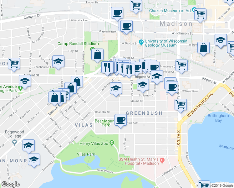 map of restaurants, bars, coffee shops, grocery stores, and more near 102 South Randall Avenue in Madison