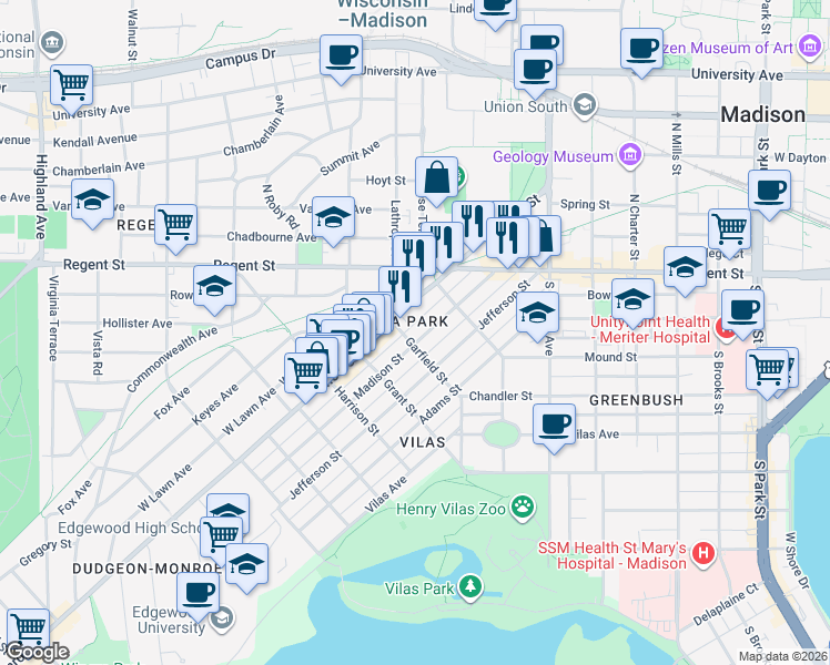 map of restaurants, bars, coffee shops, grocery stores, and more near 1610 Madison Street in Madison