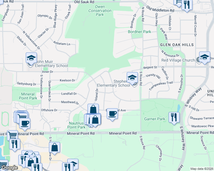 map of restaurants, bars, coffee shops, grocery stores, and more near 113 Frigate Drive in Madison