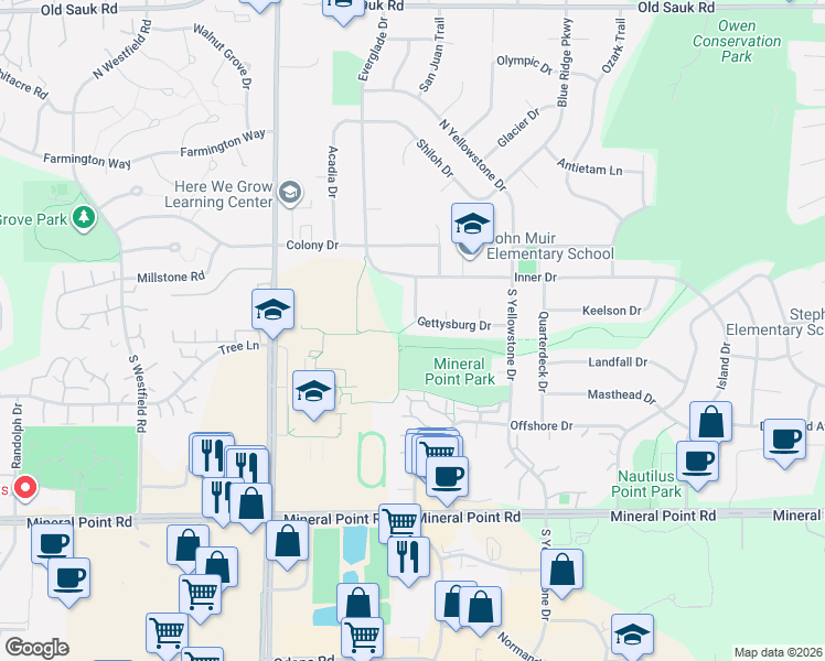 map of restaurants, bars, coffee shops, grocery stores, and more near 6629 Gettysburg Drive in Madison