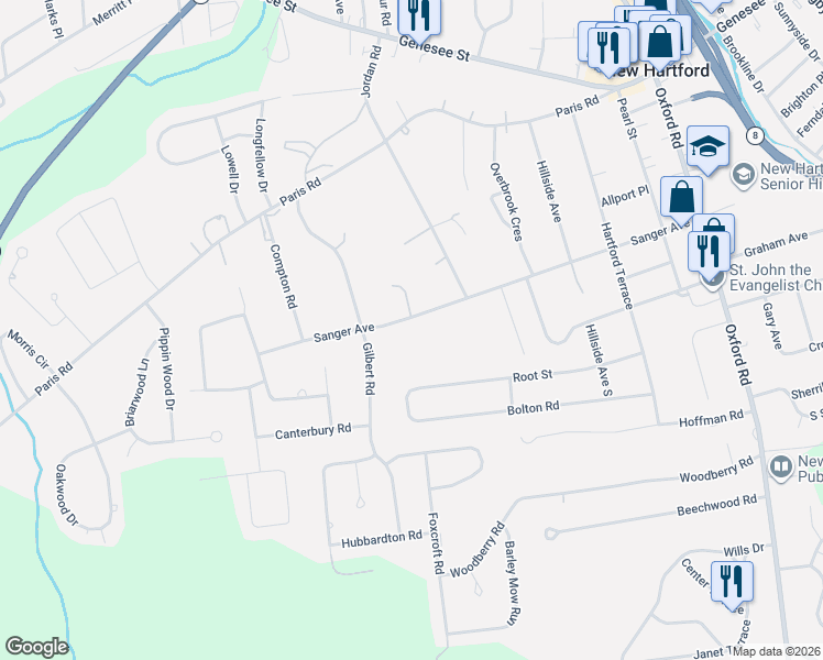 map of restaurants, bars, coffee shops, grocery stores, and more near 97 Sanger Avenue in New Hartford