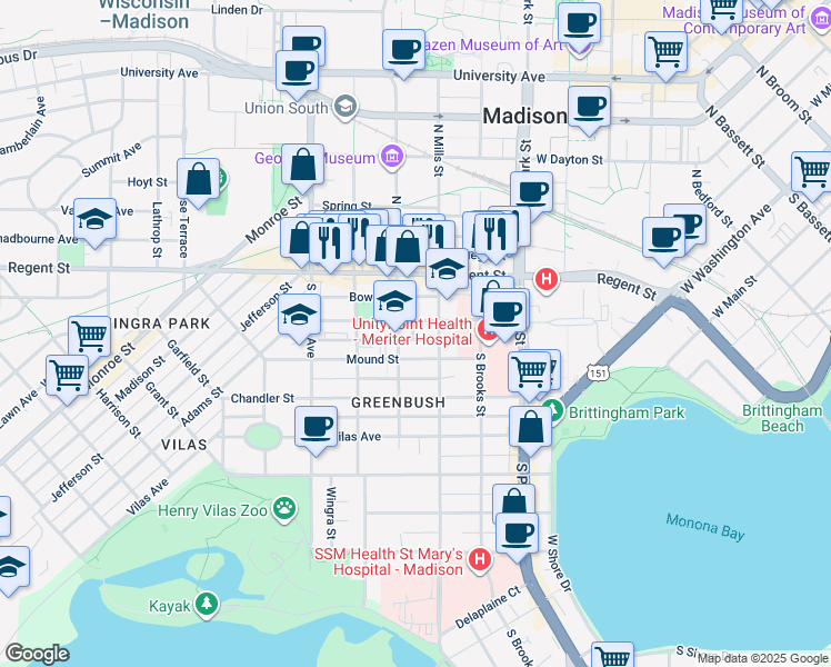 map of restaurants, bars, coffee shops, grocery stores, and more near 1114 Saint James Court in Madison