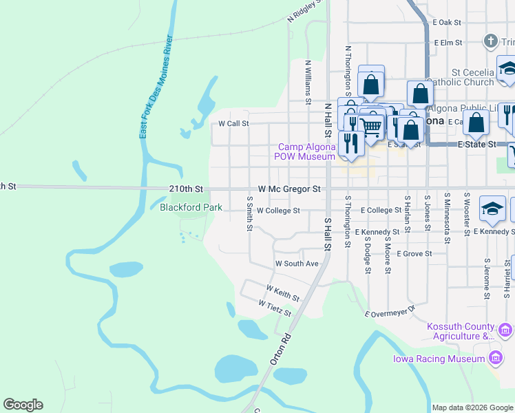 map of restaurants, bars, coffee shops, grocery stores, and more near 501-599 West McGregor Street in Algona