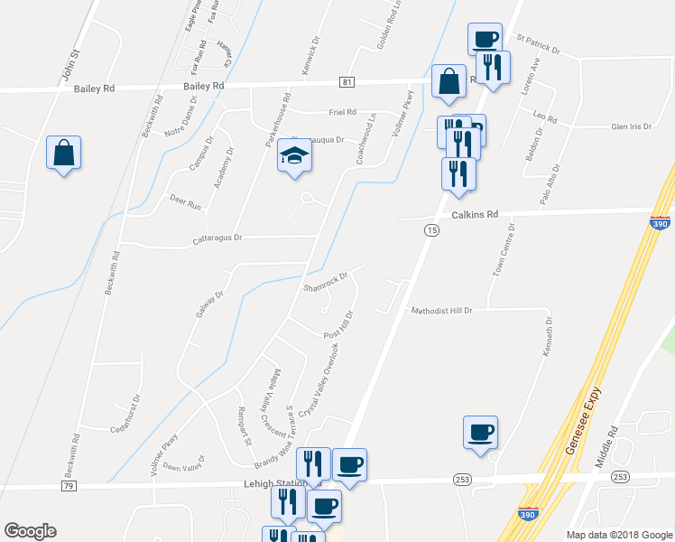 map of restaurants, bars, coffee shops, grocery stores, and more near 24 Shamrock Drive in Rochester