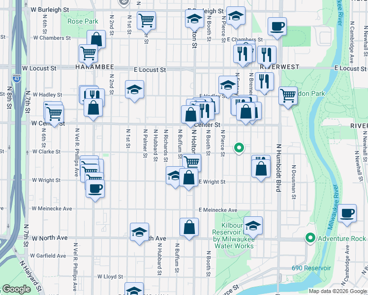 map of restaurants, bars, coffee shops, grocery stores, and more near 2630 North Buffum Street in Milwaukee
