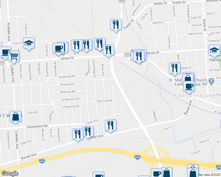 map of restaurants, bars, coffee shops, grocery stores, and more near 232 Boston Street in Syracuse