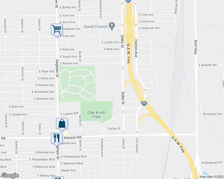 map of restaurants, bars, coffee shops, grocery stores, and more near 5701 Edgar Holt Drive in Flint