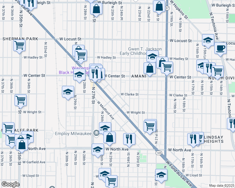 map of restaurants, bars, coffee shops, grocery stores, and more near 2502 West Tamarack Street in Milwaukee