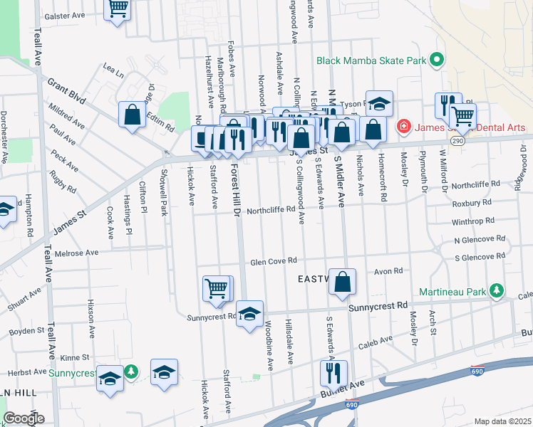 map of restaurants, bars, coffee shops, grocery stores, and more near 176 Woodbine Avenue in Syracuse