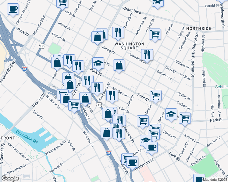 map of restaurants, bars, coffee shops, grocery stores, and more near in Syracuse
