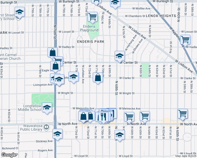map of restaurants, bars, coffee shops, grocery stores, and more near 2608 North 71st Street in Wauwatosa
