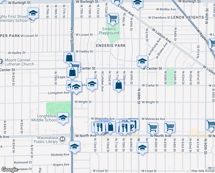 map of restaurants, bars, coffee shops, grocery stores, and more near 2609 North 72nd Street in Wauwatosa