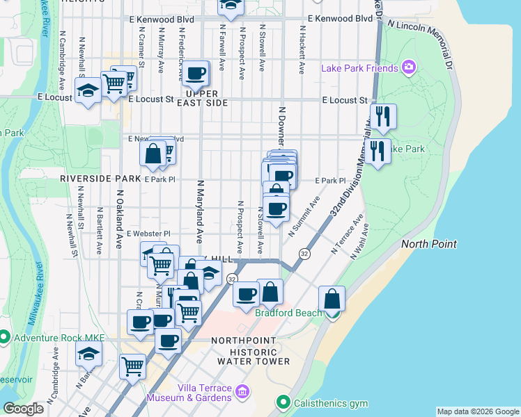 map of restaurants, bars, coffee shops, grocery stores, and more near N Stowell Ave & E Belleview Pl in Milwaukee