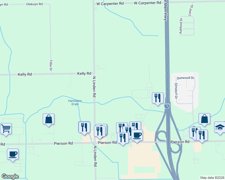 map of restaurants, bars, coffee shops, grocery stores, and more near 4224 North Linden Road in Flint