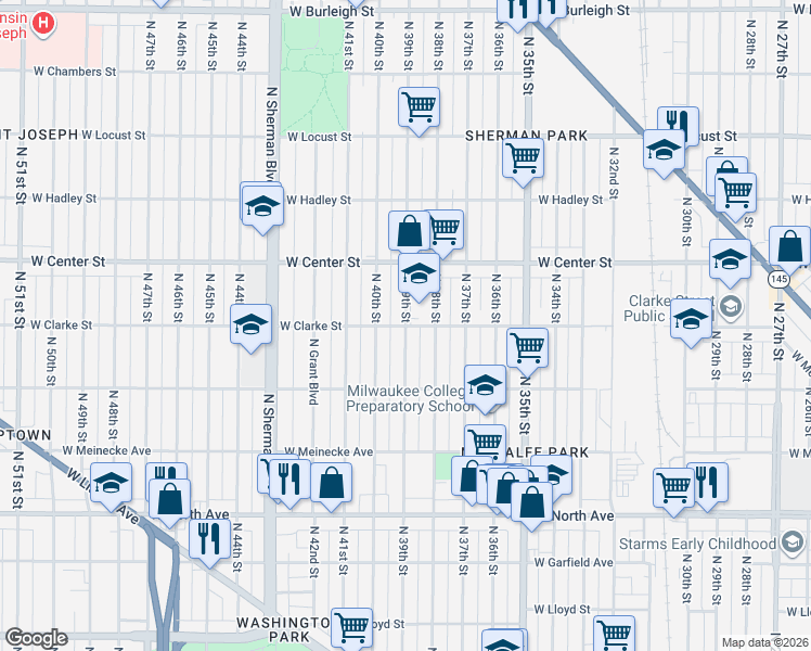 map of restaurants, bars, coffee shops, grocery stores, and more near N 39th St & W Clarke St in Milwaukee