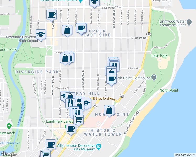 map of restaurants, bars, coffee shops, grocery stores, and more near N Prospect Ave & E Belleview Pl in Milwaukee