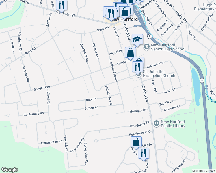 map of restaurants, bars, coffee shops, grocery stores, and more near 27 Sherman Street in New Hartford