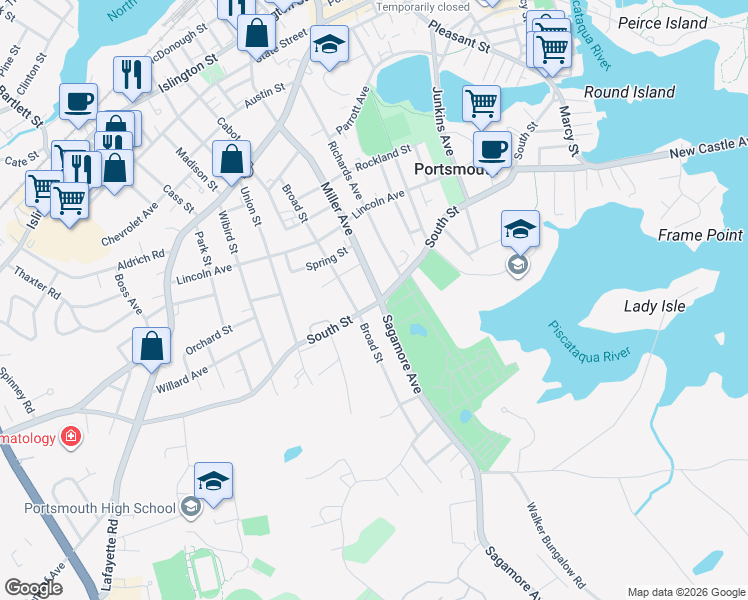 map of restaurants, bars, coffee shops, grocery stores, and more near 391 Miller Avenue in Portsmouth