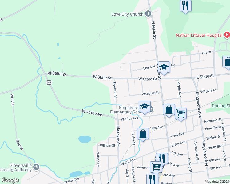 map of restaurants, bars, coffee shops, grocery stores, and more near 369 Bleecker Street in Gloversville