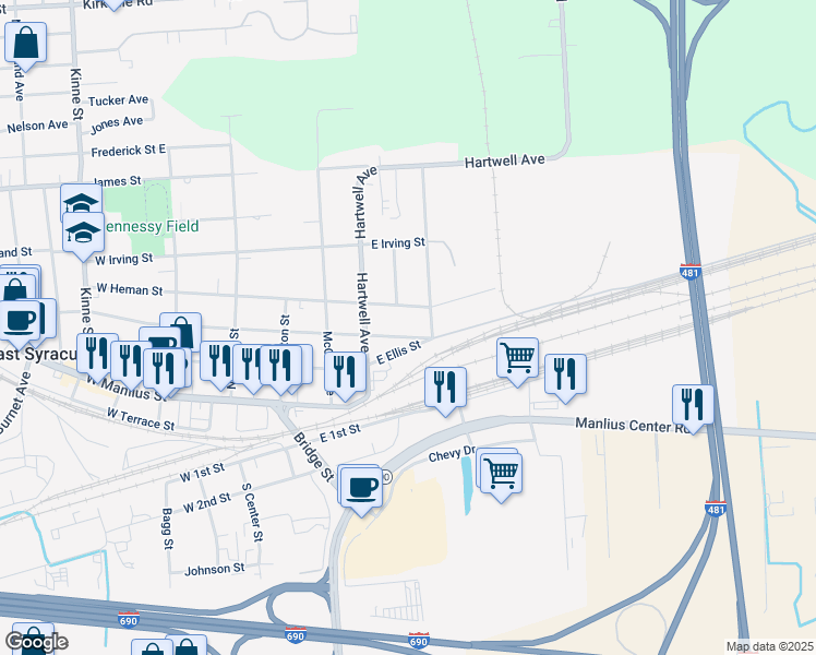 map of restaurants, bars, coffee shops, grocery stores, and more near 416 East Heman Street in East Syracuse
