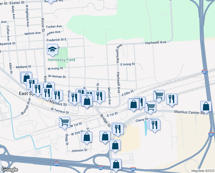 map of restaurants, bars, coffee shops, grocery stores, and more near 208 East Heman Street in East Syracuse