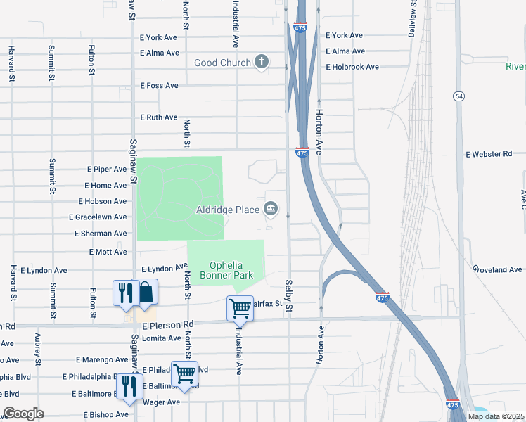 map of restaurants, bars, coffee shops, grocery stores, and more near 5833 Edgar Holt Drive in Flint