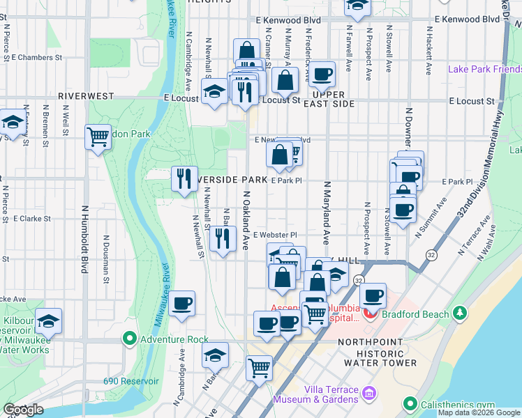 map of restaurants, bars, coffee shops, grocery stores, and more near 1904 East Belleview Place in Milwaukee