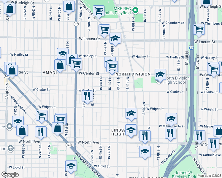 map of restaurants, bars, coffee shops, grocery stores, and more near 2627 North 16th Street in Milwaukee