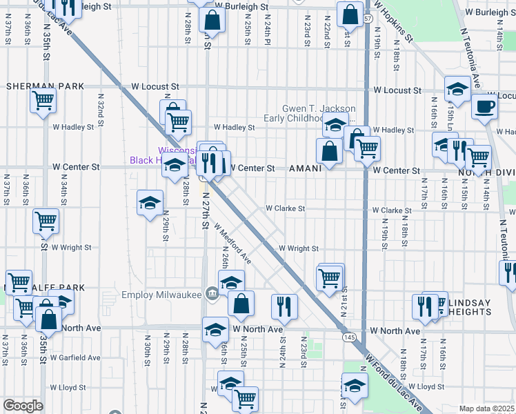 map of restaurants, bars, coffee shops, grocery stores, and more near 2618 North 24th Place in Milwaukee