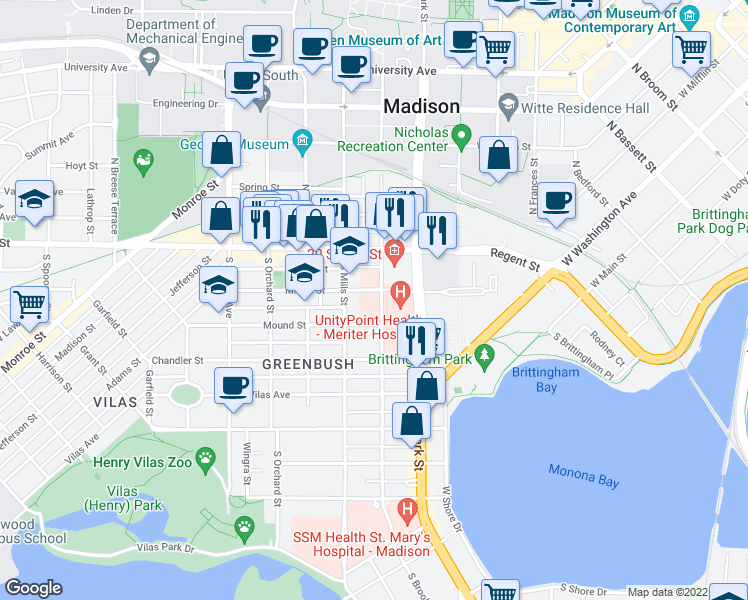 map of restaurants, bars, coffee shops, grocery stores, and more near 36 South Brooks Street in Madison