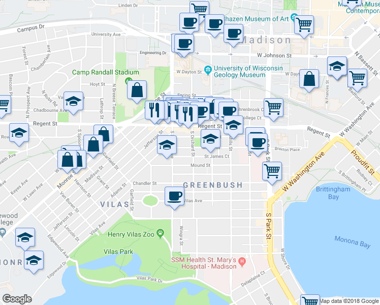 map of restaurants, bars, coffee shops, grocery stores, and more near 44 South Orchard Street in Madison