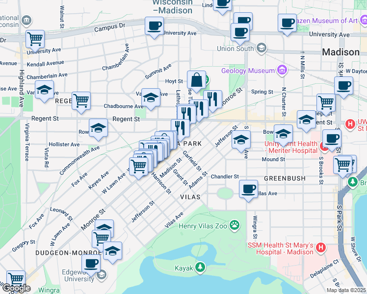map of restaurants, bars, coffee shops, grocery stores, and more near 1650 Monroe Street in Madison