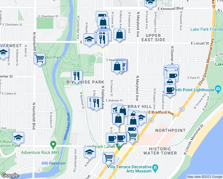 map of restaurants, bars, coffee shops, grocery stores, and more near N Cramer St & E Belleview Pl in Milwaukee