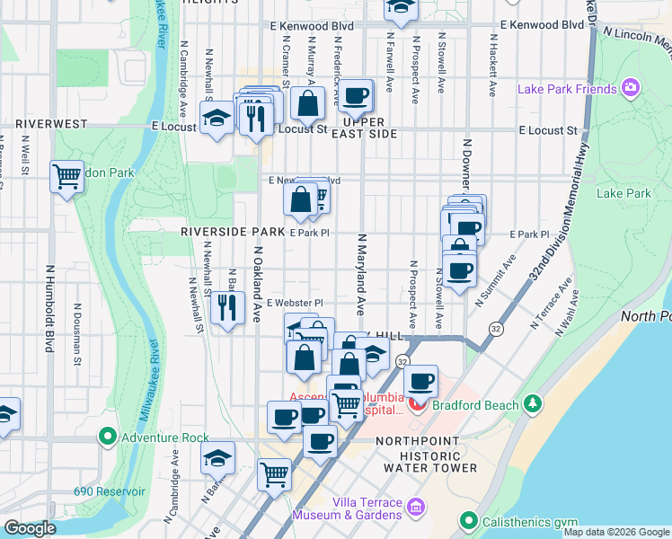 map of restaurants, bars, coffee shops, grocery stores, and more near N Frederick Ave & E Belleview Pl in Milwaukee