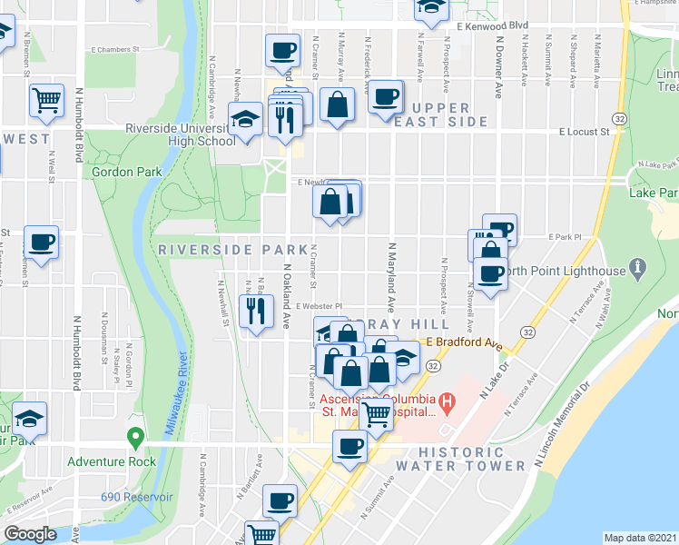 map of restaurants, bars, coffee shops, grocery stores, and more near N Murray Ave & E Belleview Pl in Milwaukee